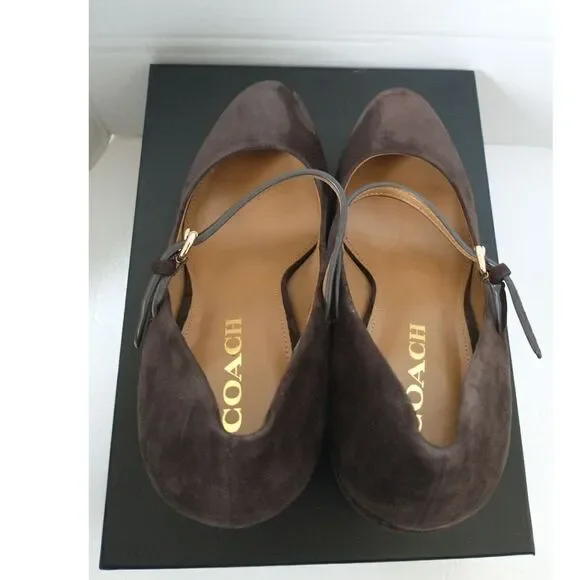 New! COACH Women's Mary Jane Platform Pumps Brown Suede Heels Shoes Chunky Heels - Picture 7 of 8